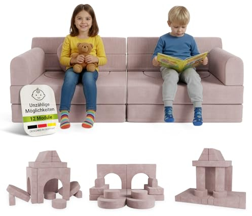 Juskys® Kindersofa Kayo – Cord, modular & weich, Sofa für Kinderzimmer & Spielzimmer, sicher, flexibel, pflegeleicht, mit abnehmbaren Bezügen – Rosa