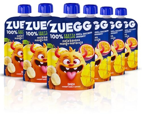 Zuegg 100% Frutta Frullata senza Zuccheri Aggiunti, Purea di Mela, Banana, Mango e Maracuja - Merenda di Frutta per Bambini Ideale Fuori Casa (Pouch di Mela, Banana, Mango e Maracuja 90g x 6).