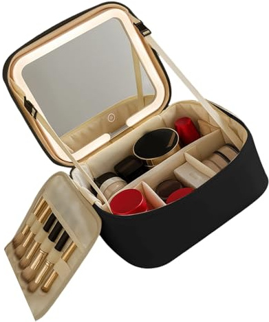 Modische Kosmetiktasche mit abnehmbarem Pinseleinsatz und beleuchteter verspiegelter Make-up-Handtasche für Reisen und den täglichen Gebrauch, große Kosmetiktasche, Schwarz , E, Mass Beauty