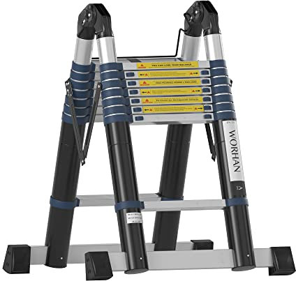 WORHAN 5m Scala Alu Doppia Telescopica con 2 Stabilizzatori Telescopici Estensibile Pieghevole Multiposizione Multifunzione Multiuso in Alluminio Nuova Generazione 500cm K5A