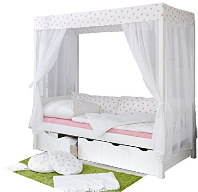 TiCAA Himmelbett Maria Massivholz Kiefer inkl.Tüll-Set Weiß Rosa
