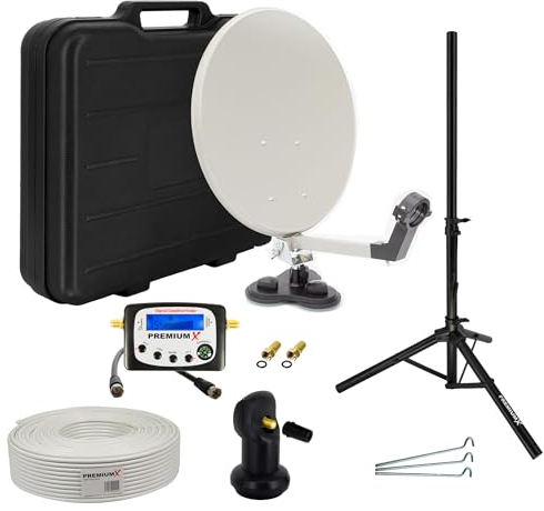 PremiumX Camping Satelliten-Anlage Mobile Antenne im Koffer Single LNB TV SAT-Finder 10m Koaxial-Kabel F-Stecker Dreibein Stativ
