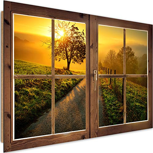 Feeby Bilder Fensterrahmen XXL 120x80 cm 1 Teilig Wohnzimmer Schlafzimmer Büro Flur Küche Wandbilder Leinwandbilder Modern Bild auf Leinwand Wanddekoration Kunstdruck Design Sonnenuntergang Orange