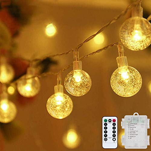 LED Lichterkette Warmweiß 5m 50LED Kristall Kugeln Batterie mit Fernbedienung 8 Modi Wasserdicht Außen Innen Weihnachten für Zimmer Party Garten DIY Deko Metaku