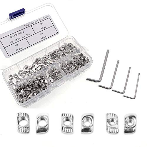 JZK 180 x Tuercas con ranura en T M3 M4 M5 tuercas ranuradas en T de acero al carbono con 4 llaves allen, kit de tuerca de fijación de cabeza de martillo de extrusión 2020 para impresora 3D