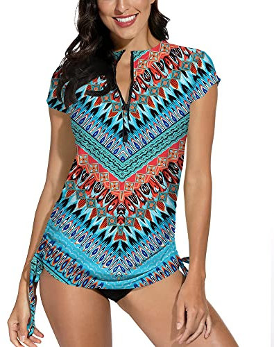 BesserBay Damen Rashguard Gedrucktes Badeshirt Stehkragen 1/4 Zip Slim-Fit Schutzkleidung UPF 50+ Aqua XL