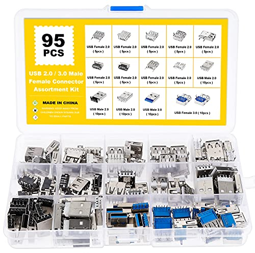 Faankiton 95 PCS USB 2.0 3.0 Type A Mâle Femelle Fiche Adaptateur Connecteur USB, Mâle Femelle USB Connecteur pour Ordinateurs, téléphones Portables et Autres appareils électroniques