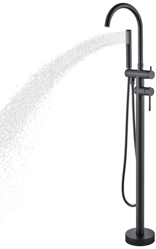 Freestanding Bathtub Faucet Matte Black Floor Mounted Tub Filler with Hand Shower 360 Degree Swivel Standing Spout Brass High Flow Mixer Taps