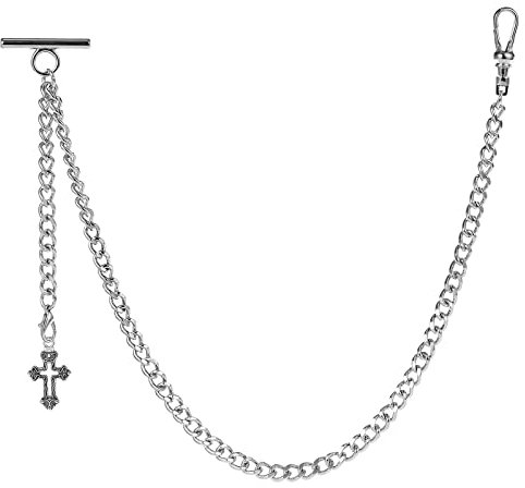 ZTA Herren Albert Kette Silber Taschenuhr Kette Weste Kette für Männer FOB T BAR mit Kreuz Design Anhänger FOB Charme