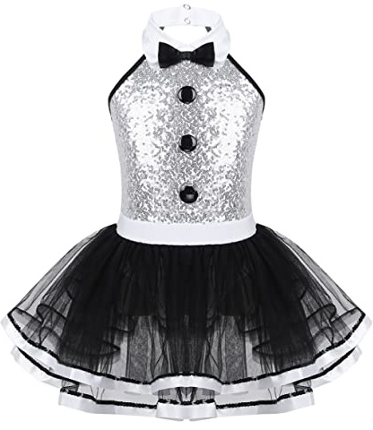 Freebily Tutu Noël Enfant Tenue Ballet Jazz Hip Hop Fille Robe Vêtements Danse Moderne Professionnel Fille Robe de Tango Latine Spectacle Performance 3-16 Ans Noir & Argent 13-14 Ans
