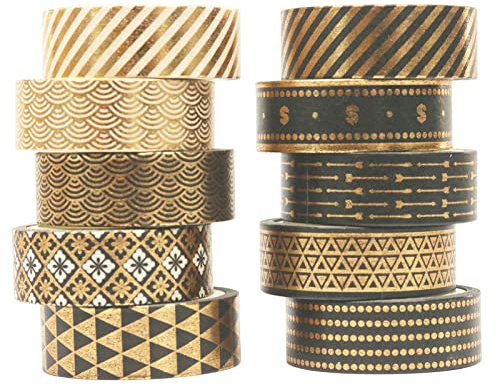 Grekywin 10 Rollen Washi Tape Set, 10mm Breit Schwarz & Gold Dekorative Muster Foliendruck Masking Tape Dekor für Scrapbook, Bullet Journal, Geschenkverpackung (5m)