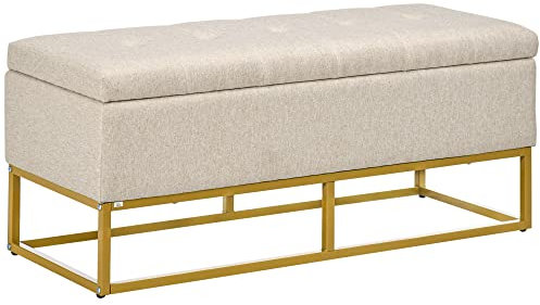 HOMCOM Banc de Rangement, Bout de lit, Coffre de Rangement avec Assise capitonnée et Pieds en Acier, 110 x 44 x 48 cm, Beige et doré