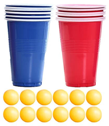 Teksome 2 Tennis Table, Coupes Tennis Table Beer Drinking Pong, Ensemble Tasses Rouges et Bleues avec 12 Verres et balles pour Bar, Adultes, extérieur, pub et Camping