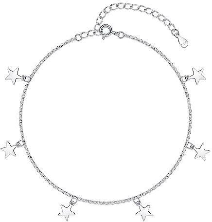Loutade Silver Anklets for Women, 925 Sterling Silver Ankle Bracelet, Adjustable Beach Barefoot Foot Chain, Summer Holiday Silver Ankle Chain, Classic Women's Star Anklets Beach Jewellery for Girls