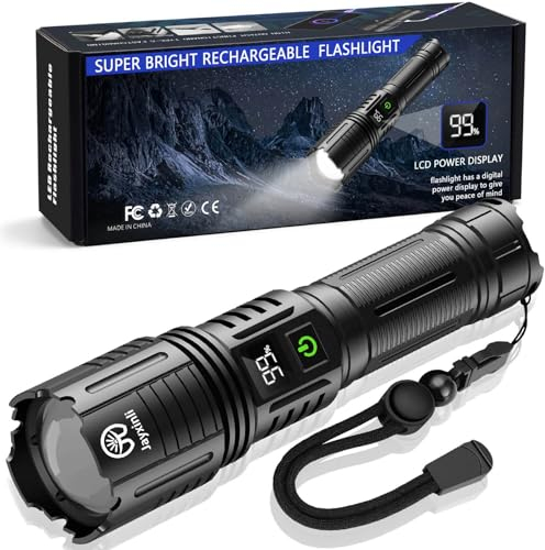 Jayxinli Torches LED Super Bright 500000 Lumen Rechargeable with LCD Power Display and 5000 mAh, Zoomable, IP67, Powerful, 5 Light Modes, High Power Torch for Camping, Hiking, Dog Walking