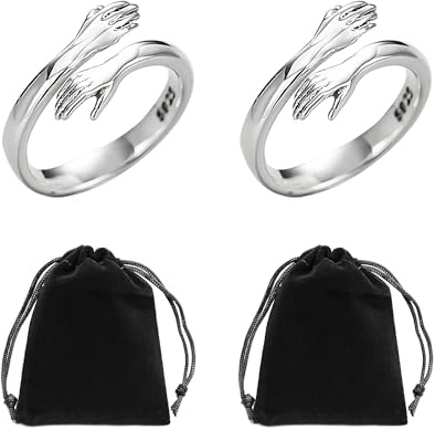 2pcs anneaux de câlin, anneaux réglables, anneaux de couple, anneaux réglables ouverts, bijoux de doigt, anneaux de câlin, cadeaux d'amitié (argent)