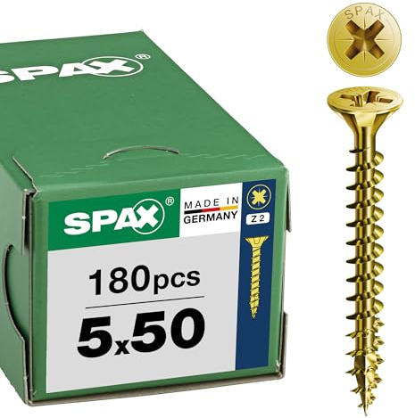 SPAX Vis universelle 5 x 50 mm, 180 pièces - Vis á filetage total, tête fraisée, empreinte cruciforme Z2, pointe 4CUT, revêtement YELLOX - 8000000287930