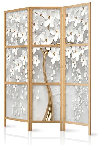 murando - Paravent Raumteiler Holz Blumen, 135x172 cm, 3-teilig, Wohnzimmer | Mobiler Sichtschutz, sofort einsatzbereit, Holzrahmen, ideal fürs Wohnzimmer oder Büro, geruchsneutral, lichtbeständig