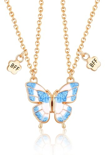 CERSLIMO Best Friend Necklace - Bff Necklace for 2 Girls, Matching Friendship Gifts | Cute Blue Butterfly Pendant Necklaces, Best Friend Necklace Gifts for Kids Jewellery Birthday Christmas, Gold
