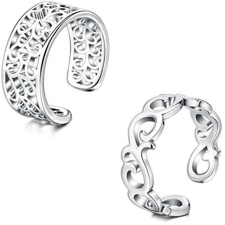 WillTen 2Pcs Bague d'orteil argent en acier inoxydable ajustable Bend Open Toe Ring, Bague d'orteil, de doigt et de queue en CZ, fleur, flèche, feuille, pour les femmes et les hommes