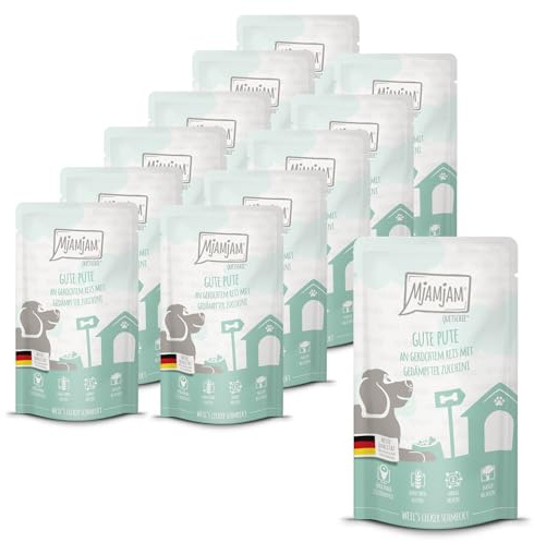 MjAMjAM - Comida húmeda Premium para Perros - Quetschie - Pava Rica con riso cocido y calabacín al Vapor, Pack de 12 (12 x 125g), sin Gluten con Extra de Carne