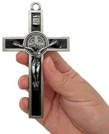 BONITTER Antikes Wandkreuz St. Benedikt Metall-Wandkunst, 12,7 x 7,9 cm, schwarze, weiße, braune Emaille, gibt Segen und das spirituelle Heilige: Glaubensgeschenk für Ihre Bekannten