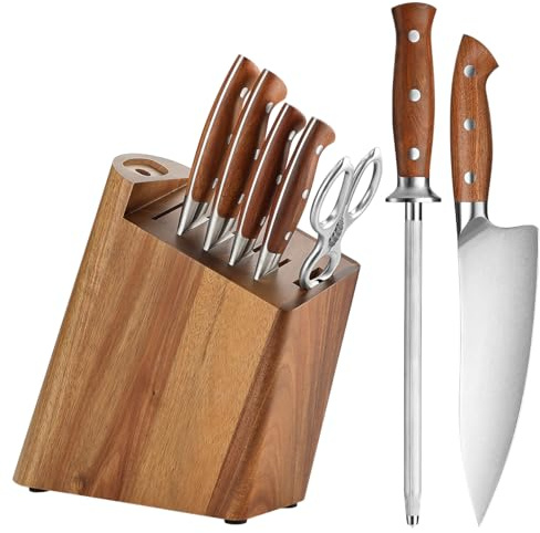 HEZHEN Knivblock, kockknivset, köksknivset med akaciaträ, kökssax i rostfritt stål, med slipgevär