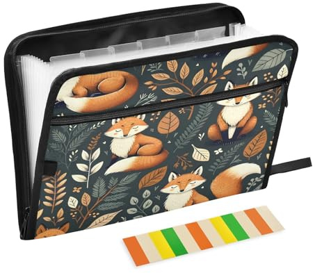 Dossier extensible avec motif sans couture avec renard et feuilles - 13 poches - Pochette avant - Portable - Rangement de documents avec fermeture éclair