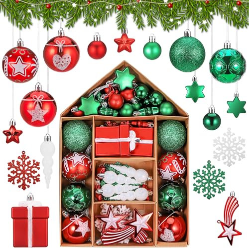 Hejo 70er Set Weihnachtskugeln Rot Grün, Kunststoff Christbaumkugeln Deko, Mehrweg Plastik Weihnachtsbaumkugeln Set, Aufhängbarer Weihnachtsschmuck mit Seil, Christbaumschmuck für Weihnachten Deko