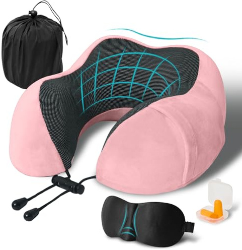 FANHOMAS Coussin de Voyage, Oreiller de Voyage Memoire Forme, Coussin Voyage Avion Adulte Travel Neck Pillow avec Masque de Sommeil Bouchons d'oreilles pour Avion Voiture Train Bureau - Rose