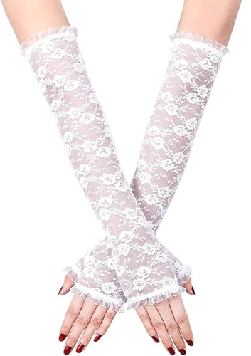 VilaGi Long Lace Gloves,White Fingerless Gloves for Women Elbow Length Gloves Wedding Prom 80s Floral Evening Opera Ladies Fancy Dress Accessory Halloween Party Costumes Gothic Masquerade
