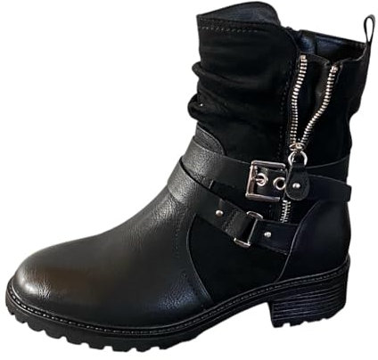 Pogolino Damen Stiefeletten Nieten Biker Boots mit Reißverschluß flach bequem Stiefel 2520 Schwarz 40