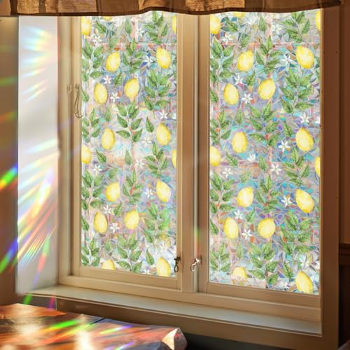 GORGECRAFT 39.4x17 Inch Lemon Rainbow Window Privacy Film 3D Static Flower Leaf Glass Cling Suncatcher Window Cover Plastic Non-Adhesive Reusable Sticker Prism Stained Window Decals for Room Home