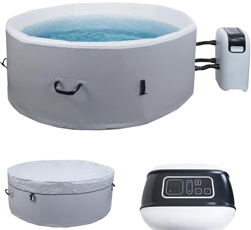 Mendler Whirlpool HWC-N97, 5 Personen, In-/Outdoor heizbar aufblasbar Pumpe Dropstitch-Gewebe, rund Ø180cm grau-weiß