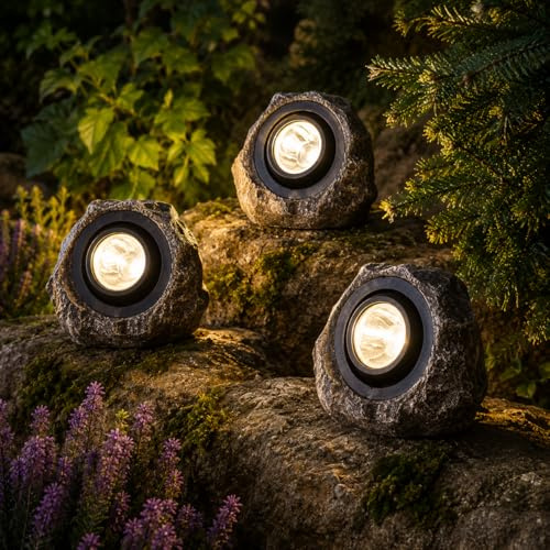 Garden Mile Superhelle, solarbetriebene Stein-Effekt-Strahler, Außenleuchten, Wegbeleuchtung, Auffahrtlichter, Außenleuchte, Solarleuchten für den Außenbereich, Garten (Jumbo 15L Rock Light, 3)