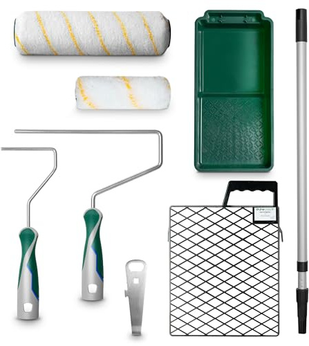 23-teiliges Malerset mit 25 cm & 10 cm Farbwalzen (10 Stück), 3 Bügeln, 2 Verlängerungsstangen, Farbgittern & Lackdosenöffner – Komplettset für Wandfarbe & Innenanstriche