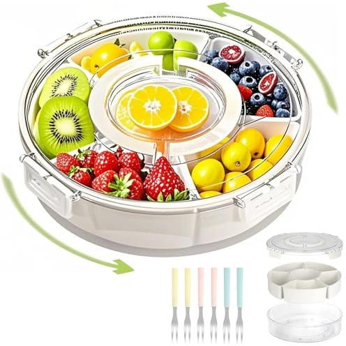 Daguxer Snackbox mit Fächern, Rund Snackteller mit Deckel Spinner Snack Organizer Snack Spinner mit Fächern Snack Platte mit Deckel Geeignet zur Aufbewahrung von Süßigkeiten, Keksen, Obst