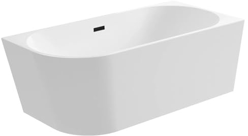 AQUAUNO Freistehende Eckbadewanne rechts 170 x 80 cm aus hochwertigem Sanitäracryl – weiße Acrylbadewanne mit Klick-Klack-Ablauf, Überlauf und Ablaufgarnitur in Schwarz