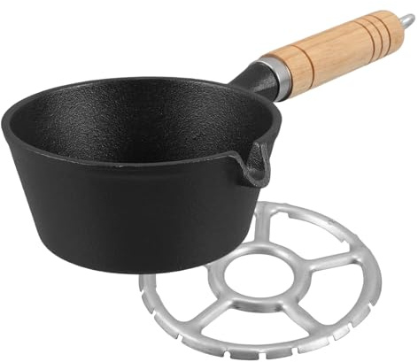 Cabilock Small Sauce Pan with Wooden Handle - Cast Iron Mini Egg Frying Pot Butter Warmer Milk Boiling Pot for Stovetop - Kitchen Cooking Baking Pan