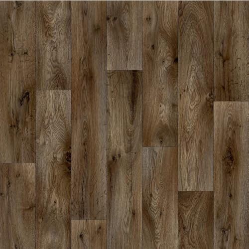 Lino Vinyl Flooring Roll, Dark Oak Wood Plank Effect, Anti-Slip, 2m-3m Width (1m x 2m)