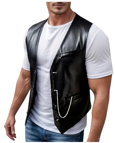 Celanisai Chaleco de Cuero para Hombre, Cuello en V, Estilo Vintage, Chaqueta para Moto, Corte Ajustado, Chaleco de Carreras, Negro, Clásico, para Motociclista