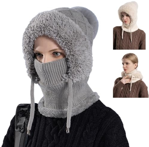 Toerjii Wintermütze Damen,Balaclava Damen,3 in 1 Beanie Mütze Warm Strickmütze & Halswärmer Sets,Multifunktional Verstellbar Gesichtsmaske für Täglich und im Freien (Grau)