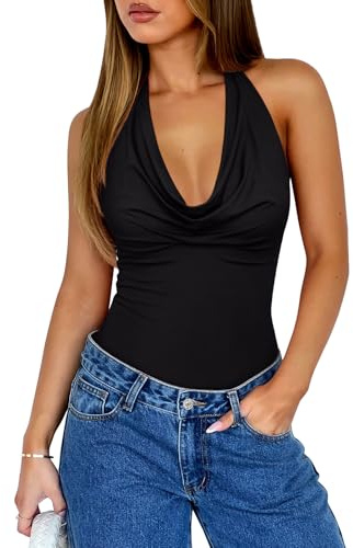 REORIA Womens Sexy Trendy Halter Cowl Neck Backless Body Suits Summer Open Back Double Lined Bodysuit Tank Tops Black Small