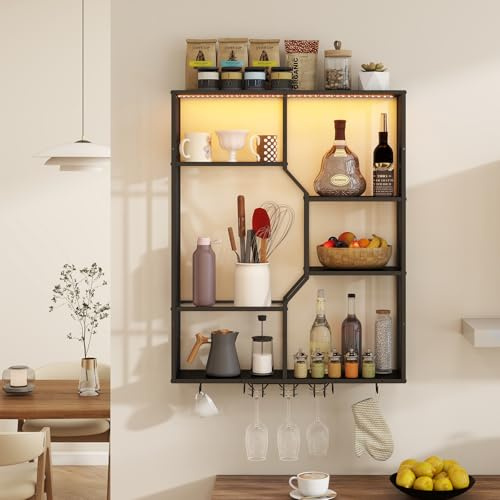 YOURLITE 3-Tier Bar Shelves, Wall Mounted Wine Rack with LED Lighting, Wall Bar with Wine Display Stand, Bar Shelf with Glass Holder for Living Room Kitchen Coffee Wine Bar, 80×20×100, Black
