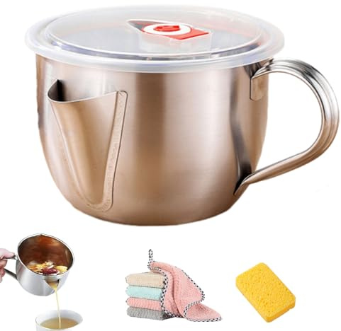 Fat Separator with Dual Spout Design, Premium 304 Stainless Steel Gravy Separator & Fat Separator Cup, 34oz Meat Strainer for Grease Cooking, Safe Cool-Touch Handle for Soup, Hot Pot (with lid)