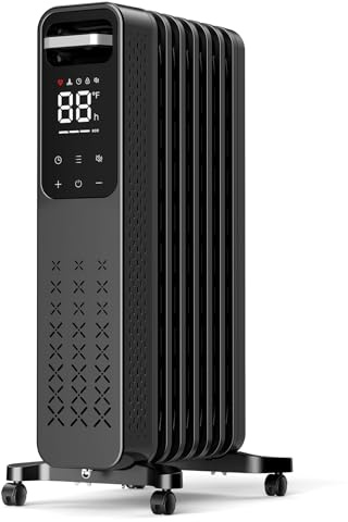 ZAFRO Oil Filled Radiator Heater, 1500W Energy Saving Space Heater with Curved Fin Design, Smart Touch Screen, ECO Mode & 24H On/Off Timer, Tip-Over & Overheat Protection for Bedroom Office Use, Black