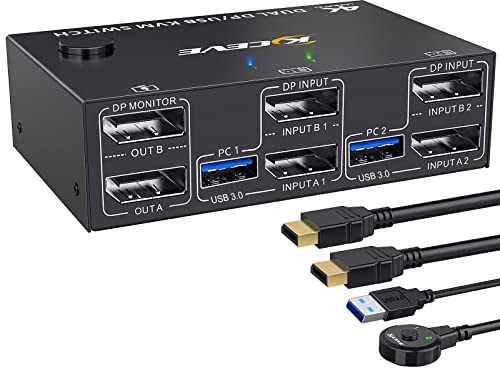 KCEVE KVM Switch 2 Monitors 2 Computers Displayport, USB 3.0 KVM Switch Dual Monitor for 2 Computer Share 4 USB 3.0 Devices, 4K@144Hz, with Wired Remote