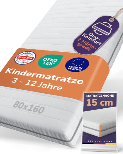 Sun Garden Kindermatratze 80x160 cm, 3-12 Jahre, 15 cm Komfortschaum RG28 | 2-in-1 Mitwachs-System für Kinderbett und Jugendbett, Oeko-Tex und Dermatest - Sehr gut, Made in Europe