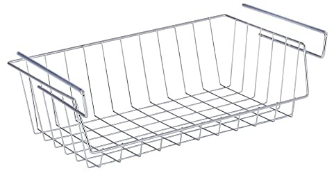 WENKO Hängkorg för hylla, förvaringskorg för extra förvaring, häng på en hylla eller skåpbotten, förvaring och organisation, 44 x 15 x 27 cm, förkromad metall, glänsande silver