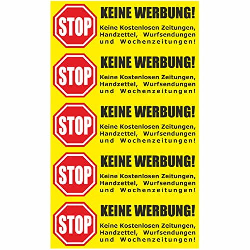 Briefkastenaufkleber - Achtung Stop Bitte keine Werbung! 5 Aufkleber gelb - 105x35mm - Keine kostenlosen Zeitungen, Handzettel, Wurfsendungen und Wochenzeitungen!